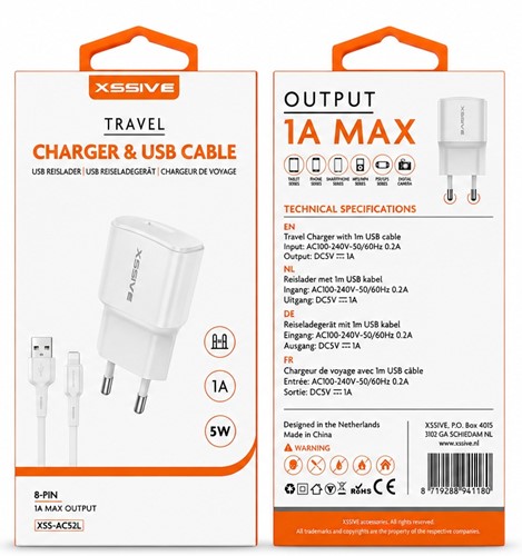 Xssive Reiseladegerät 1A mit 8-Pin Kabel (iPhone) XSS-AC52L - Weiß-2
