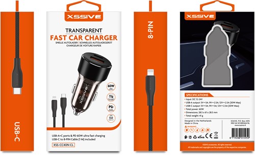 Xssive 60W Fast Car Charger with USB-C to 8-Pin Cable XSS-CC40N CL -2