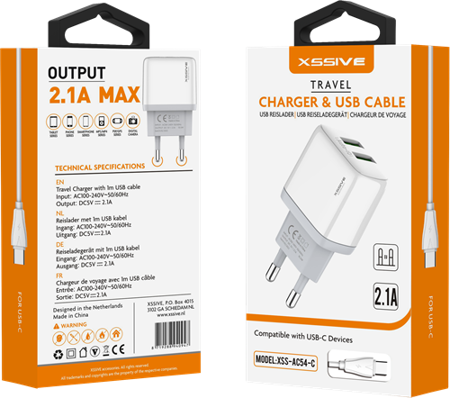 Xssive Duo USB Charger + USB-C Cable 2.1A XSS-AC54-C - White -2