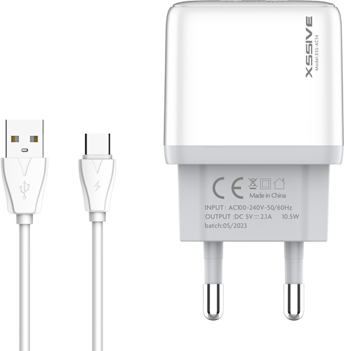 Xssive Duo USB Charger + USB-C Cable 2.1A XSS-AC54-C - White -3